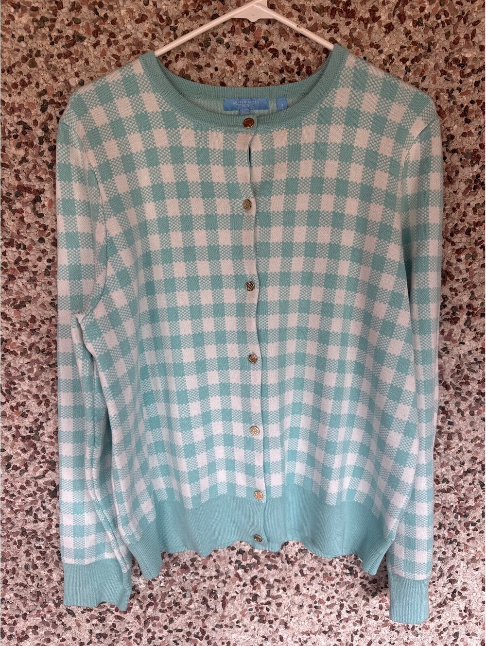 Draper James RSVP Mint Gingham Cardigan XL Gold Buttons Scalloped Hem